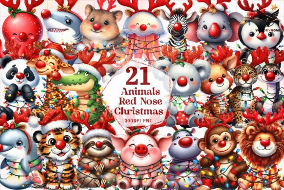 Animals Red Nose Christmas Clipart PNG: Festive Illustrations