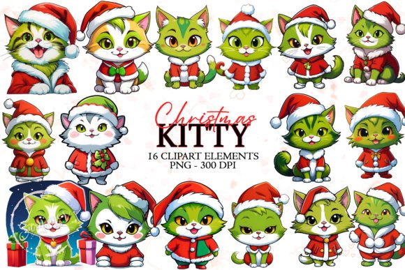 Cute Christmas Kitty Stickers Clipart & Illustrations