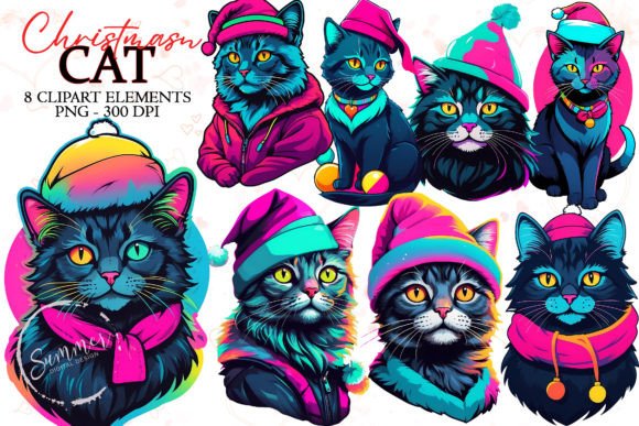 Neon 90s Cat Illustrations for Christmas Blog Graphics