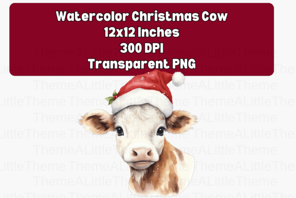Watercolor Christmas Cow with Santa Hat Illustrations Review