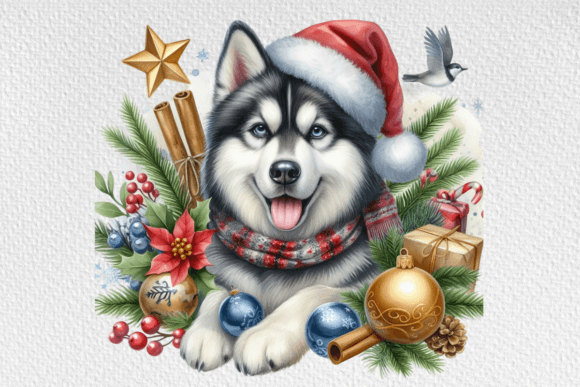 Watercolor Christmas Husky Dog Clipart & Illustrations